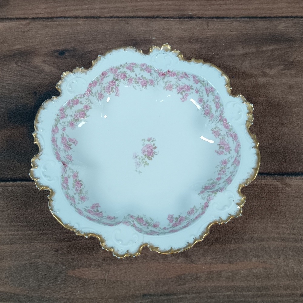 GDA France Porcelain Bowl Pink Roses Gold Trim Scalloped Edge